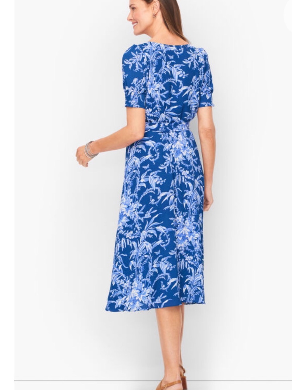NEW TALBOTS BELTED FIT & FLARE BLUE FLORAL SHORT SLEEVE V NECK MIDI DRESS SZ 12P - Picture 4 of 14